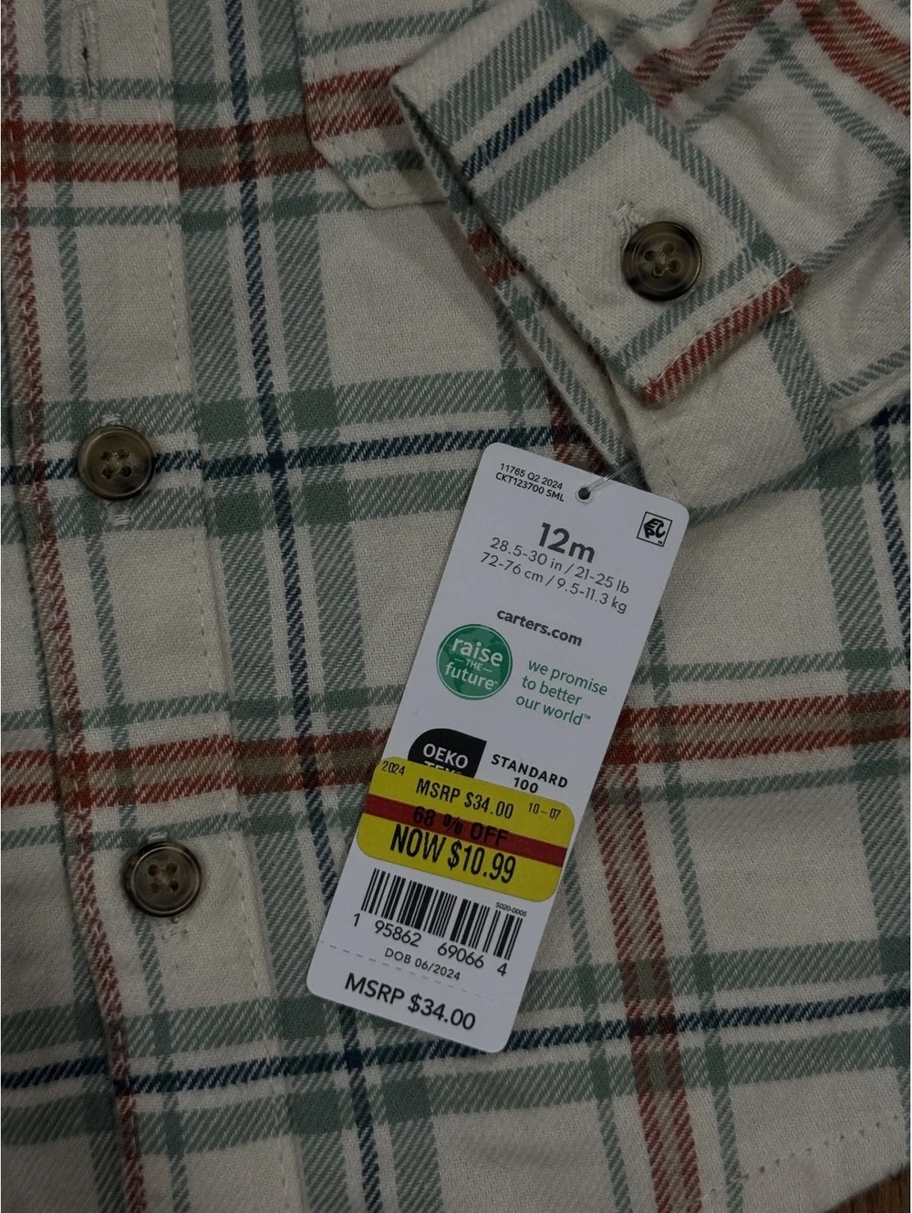 Carter's Baby Hooded Plaid Button-Up Shirt 12M